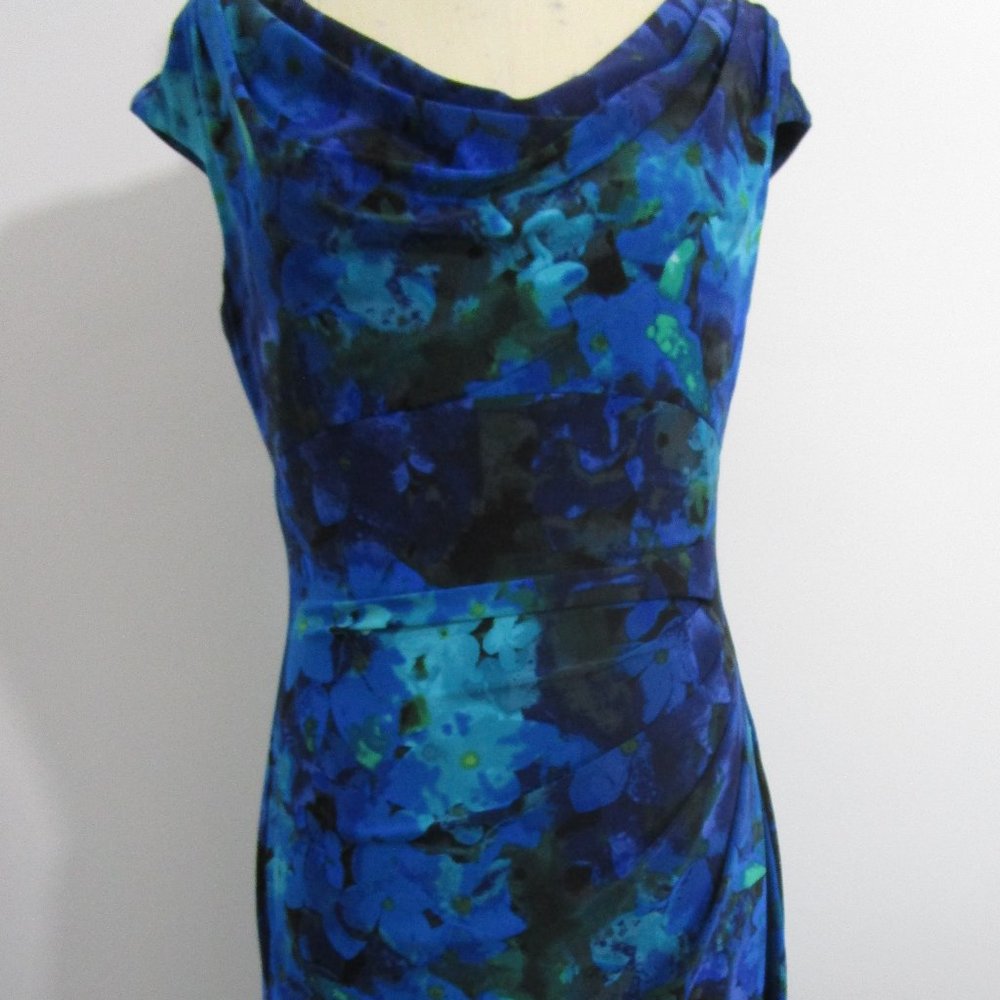 sz10 Cowl Knit Dress Bodycon Shirring Floral Blue - Picture 1 of 11